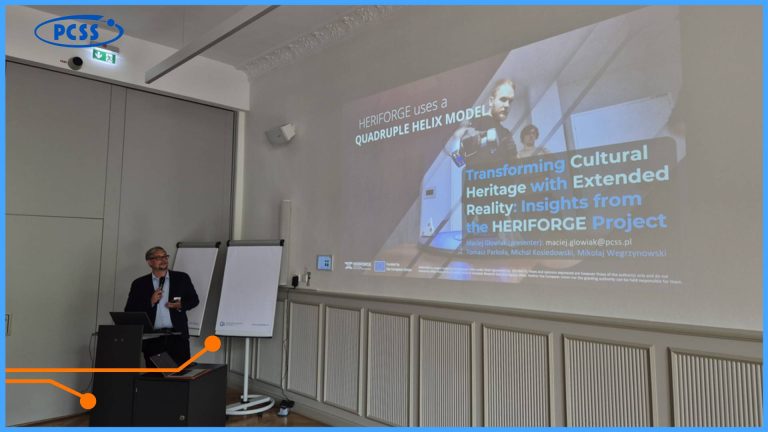 The image shows a conference or presentation setting indoors. On the right side of the image, a large screen displays a presentation slide. The main title of the presentation is "Transforming Cultural Heritage with Extended Reality: Insights from the HERIFORGE Project." Below the title, the presenters are listed as Maciej Głowiak (presenter), Tomasz Pawłowski, Michał Kołodziejski, and Mikołaj Węgrzynowski, with an email address `maciej.glowiak@pcss.pl`. The slide also features a graphic that states "HERIFORGE USES a QUADRUPLE HELIX MODEL" and shows a person interacting with an XR device. Logos for the "HERIFORGE" project and "Funded by the European Union" are visible at the bottom of the screen. To the left of the screen, a man in a dark suit jacket and a light-colored shirt is standing behind a dark podium. He is holding a small, dark object in his left hand, likely a presentation clicker or microphone. Next to the podium, there are two white flip charts on stands. The room has light-colored walls with decorative wainscoting along the lower part, suggesting a formal or classic interior. A ceiling-mounted projector is visible above the screen. In the top-left corner of the overall image, there is a "PCSS" logo in white. A blue band with an orange graphic, resembling a circuit board trace, runs along the bottom left edge of the image.