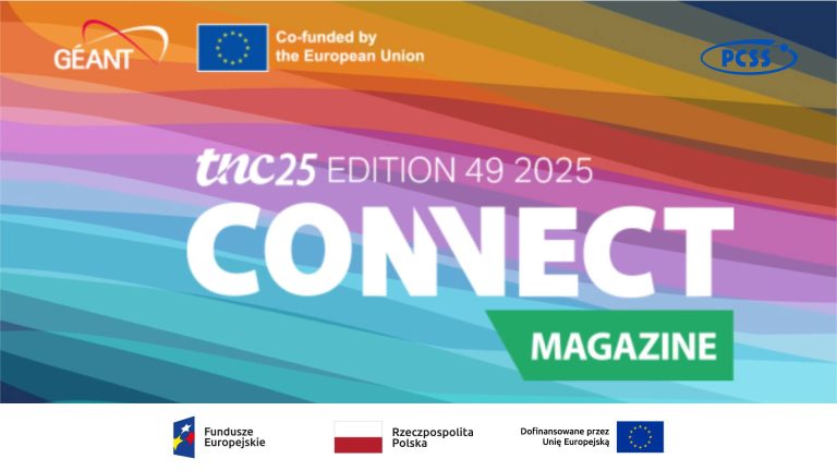 Grafika przedstawia tytuł "tnc25 EDITION 49 2025 CONNECT MAGAZINE" zapisanym dużymi, białymi literami na żywym, wielokolorowym tle z poziomymi paskami. W lewym górnym rogu znajduje się logo "GÉANT" obok flagi UE i tekstu "Co-funded by the European Union". Prawy górny róg zawiera logo "PCSS", a u dołu grafiki widoczne są dodatkowe logotypy i teksty, w tym "Fundusze Europejskie", "Rzeczpospolita Polska" oraz "Dofinansowane przez Unię Europejską", wraz z odpowiadającymi im flagami i symbolami UE.