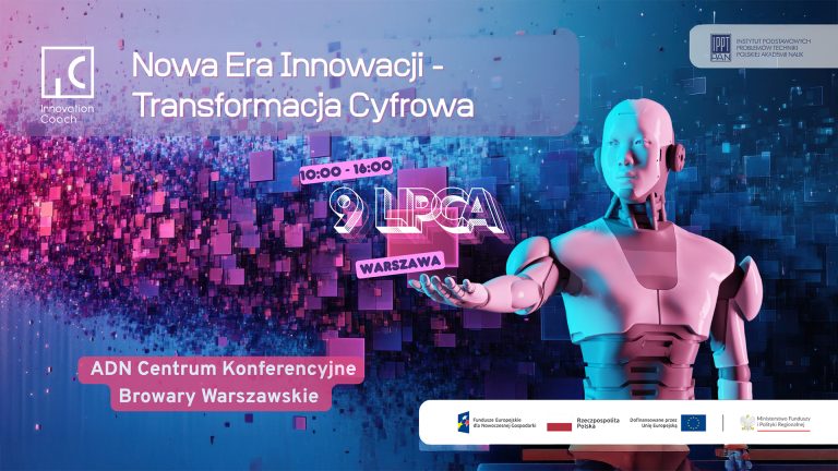 Query successful Plakat reklamowy przedstawia futurystyczny obraz cyfrowej transformacji. Na pierwszym planie widoczny jest biało-niebieski robot wyciągający prawą dłoń w kierunku widza, a za nim rozciąga się cyfrowa przestrzeń z różowymi i niebieskimi elementami. Centralna część plakatu zawiera duży napis "9 LIPCA" oraz "10:00 - 16:00" i "WARSZAWA", wskazując datę, czas i miejsce wydarzenia "Nowa Era Innowacji - Transformacja Cyfrowa", które odbędzie się w ADN Centrum Konferencyjnym Browary Warszawskie.
