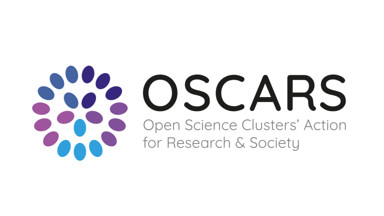 Obrazek przedstawia logo projektu "OSCARS" na białym tle. **Główne elementy logo to:** * **Grafika po lewej stronie:** Jest to stylizowany okrąg złożony z wielu owalnych kształtów (przypominających płatki, liście lub krople) ułożonych w spiralny wzór. Kształty te mają gradientowe kolory, przechodzące od ciemnego fioletu, przez jaśniejszy fiolet i róż, aż po jasny błękit. Całość tworzy wrażenie dynamiki i połączenia. * **Tekst po prawej stronie:** Obok grafiki znajduje się nazwa projektu i jego pełne rozwinięcie. * Duży napis **"OSCARS"** w kolorze czarnym, używający pogrubionej, bezszeryfowej czcionki. * Poniżej, mniejszą czcionką w kolorze szarym, znajduje się rozwinięcie akronimu: **"Open Science Clusters' Action for Research & Society"**. **Ogólne wrażenie:** Logo jest nowoczesne, czyste i profesjonalne. Użycie kolorowych gradientów w grafice sugeruje różnorodność, połączenie i innowacyjność, podczas gdy prosty, czarny tekst zapewnia czytelność i powagę. Całość harmonijnie łączy elementy wizualne z informacją tekstową, skutecznie reprezentując projekt.