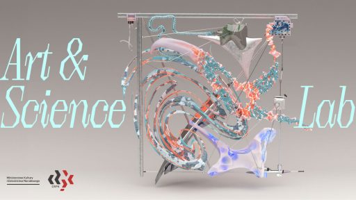 Grafika przedstawia futurystyczną instalację artystyczną w stylu Science-Fiction. Widoczny jest nieregularny obiekt, składający się z wirujących, przezroczystych rur wypełnionych płynami o różnych kolorach oraz z elementami przypominającymi organiczne formy. W tle, po lewej stronie, widnieje napis "Art & Science", a po prawej "Lab", natomiast w lewym dolnym rogu umieszczono logo Ministerstwa Kultury i Dziedzictwa Narodowego.