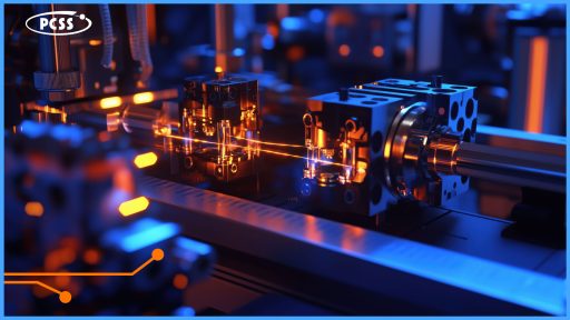 Grafika przedstawia zbliżenie na zaawansowaną maszynę lub urządzenie laboratoryjne, oświetlone pomarańczowym i niebieskim światłem. Widoczne są metalowe elementy i wiązka światła, która przebiega przez główny plan, tworząc dynamiczny efekt. W lewym górnym rogu znajduje się logo "PCSS", a w dolnej części grafiki widoczny jest schemat elektronicznego obwodu.