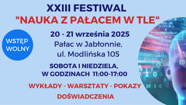 Grafika to plakat informujący o 23. Festiwalu "Nauka z Pałacem w Tle". Przedstawia fioletowo-niebieskie tło z cyfrową grafiką, na którym biały tekst podaje szczegóły wydarzenia: 20-21 września 2025, Pałac w Jabłonnie, ul. Modlińska 105, w godzinach 11:00-17:00. Na plakacie znajduje się również niebieskie kółko z białym napisem "Wstęp Wolny" oraz czerwone napisy "Wykłady - Warsztaty - Pokazy - Doświadczenia".