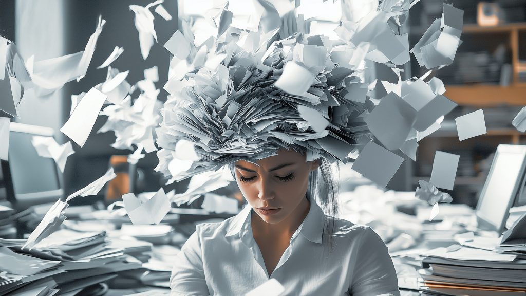 Zdjęcie przedstawia młodą kobietę z ogromnym stosem papierów na głowie, jakby była przytłoczona nadmiarem pracy. Jej głowa jest lekko pochylona, a na twarzy widać zmęczenie i skupienie. W tle, na biurku i w powietrzu, unosi się jeszcze więcej kartek, co potęguje wrażenie chaosu i przeciążenia.
