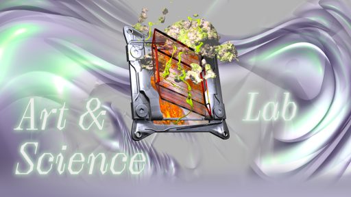 Grafika w stylu cybernetycznym o lśniącej i metalicznej estetyce, przedstawiająca futurystyczny obiekt, który zawiera siatkę i pomarańczowo-czerwone, świetliste wnętrze. Nad obiektem unoszą się fragmenty skalne, a całe tło wypełniają płynne, falujące kształty w odcieniach szarości i jasnej zieleni. Po bokach widoczny jest biały, błyszczący tekst: "Art & Science" po lewej stronie oraz "Lab" po prawej.