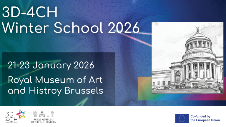 Ten cyfrowy plakat informuje o "3D-4CH Winter School 2026", która ma odbyć się w dniach 21-23 stycznia 2026 roku. Wydarzenie to zostanie zorganizowane w Royal Museum of Art and History w Brukseli, co wyraźnie jest zaznaczone dużą czcionką na tle gradientu niebiesko-fioletowego. Po prawej stronie plakatu wkomponowano szkic przedstawiający klasycystyczny budynek z kopułą, najprawdopodobniej wspomniane muzeum. W dolnej części plakatu umieszczono logo projektu 3D-4CH Competence Centre, logo Royal Museums of Art and History oraz informację o współfinansowaniu przez Unię Europejską.