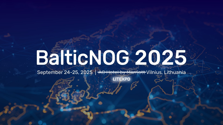 To jest cyfrowy baner reklamujący wydarzenie BalticNOG 2025. Tytuł wydarzenia, daty "September 24-25, 2025" oraz lokalizacja "AC Hotel by Marriott Vilnius, Lithuania" są umieszczone na tle ciemnoniebieskiej mapy Europy, zarysowanej złotymi, świetlistymi liniami. W prawym dolnym rogu znajduje się logo LITEXPO, organizatora imprezy.