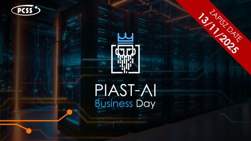 Grafika jest zaproszeniem na wydarzenie "PIAST-AI Business Day" zaplanowane na 13/11/2025, o czym informuje czerwona wstęga w prawym górnym rogu z napisem "ZAPISZ DATĘ". W tle widoczna jest futurystyczna serwerownia lub centrum danych, z rzędami niebiesko podświetlonych szaf rackowych symbolizujących potęgę obliczeniową. Centralnym jest stylizowany, cyfrowy wizerunek króla w koronie (nawiązujący do Piasta), będący logotypem wydarzenia, umieszczony nad jego nazwą.