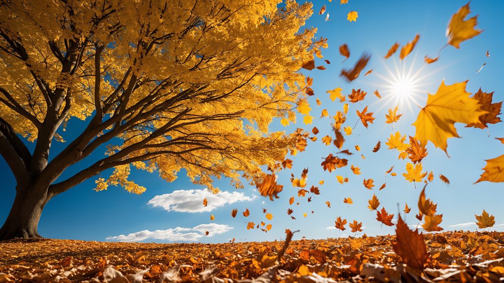Na obrazie widzimy szeroki, niski kąt widzenia, który uchwycił majestatyczne, rozłożyste drzewo klonowe o intensywnie żółtych i złotych liściach, na tle jasnego, błękitnego nieba. W prawym górnym rogu wyraźnie świeci słońce, a liczne liście w kolorach jesieni spadają i wirują na wietrze, tworząc dynamiczną scenę. Ziemia jest gęsto pokryta warstwą opadłych liści w ciepłych, jesiennych barwach, co podkreśla poczucie w pełni sezonu.