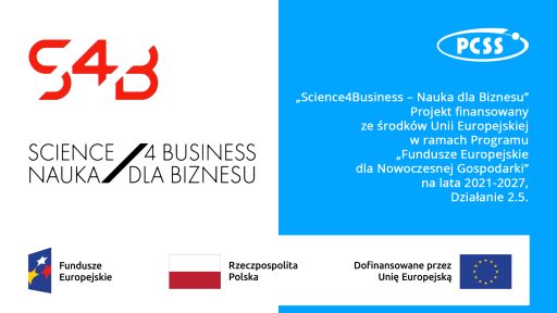 Grafika prezentuje informacje o projekcie "Science4Business – Nauka dla Biznesu". Po lewej stronie znajduje się czerwone, stylizowane logo z cyframi "S4B" i napis "SCIENCE 4 BUSINESS NAUKA / DLA BIZNESU". Prawa strona, na niebieskim tle, zawiera logo PCSS i tekst informujący, że projekt jest finansowany ze środków Unii Europejskiej w ramach Programu "Fundusze Europejskie dla Nowoczesnej Gospodarki" na lata 2021-2027, Działanie 2.5. Na dole umieszczono flagi i logotypy, w tym Fundusze Europejskie, Rzeczpospolita Polska oraz informację "Dofinansowane przez Unię Europejską".