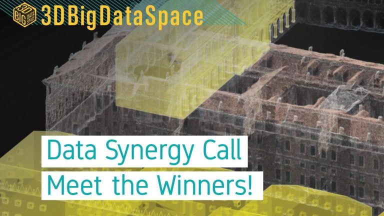 To jest graficzny baner reklamujący wydarzenie lub ogłoszenie związane z projektem "3DBigDataSpace". Tytuł wydarzenia to "Data Synergy Call", a głównym komunikatem jest "Meet the Winners!" (Poznaj Zwycięzców!). Tło zdjęcia stanowi cyfrowy model, prawdopodobnie historycznego budynku lub kompleksu architektonicznego, przedstawiony jako chmura punktów 3D w odcieniach brązu i czerni. Na model nałożono duże, półprzezroczyste, żółte geometryczne kształty, które mogą symbolizować obszary danych lub interwencji. W lewym górnym rogu znajduje się logo "3DBigDataSpace", a całość sugeruje związek z technologiami 3D, dużymi danymi (Big Data) i przestrzenią, prawdopodobnie w kontekście dziedzictwa kulturowego lub planowania miejskiego.