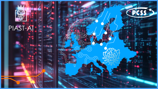 Grafika przedstawia Europę na tle serwerowni z migającymi światłami, symbolizującej infrastrukturę obliczeniową. Kontur Europy jest niebieski i zawiera zarys ludzkiej głowy z umieszczonym w niej motywem mózgu-sztucznej inteligencji (AI). W lewym górnym rogu znajduje się logo PIAST-AI, a w prawym logo PCSS.