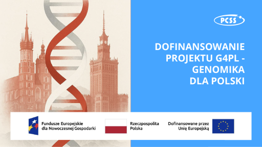 Ta grafika to baner informacyjny o dofinansowaniu projektu badawczego. Przedstawia stylizowany podwójny heliks DNA przeplatający się z zarysami charakterystycznych polskich budynków, takich jak Wieża Zegarowa Pałacu Kultury i Nauki w Warszawie oraz wieże Krakowa, symbolizując związek nauki i polskiego dziedzictwa. Tytuł informuje o "Dofinansowaniu Projektu G4PL - Genomika dla Polski", a u dołu widoczne są logotypy Funduszy Europejskich dla Nowoczesnej Gospodarki, Rzeczypospolitej Polskiej oraz Unii Europejskiej, wskazujące na źródła finansowania i organizacje.