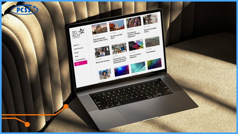 Grafika przedstawia laptopa otwartego na stronie internetowej projektu 3D4CH, ustawionego na tle nowoczesnej, tapicerowanej ściany o pionowych przeszyciach. Na ekranie widoczna jest sekcja aktualności z kafelkowym układem artykułów oraz logotypy organizacji w rogach obrazu. Całość utrzymana jest w ciepłej kolorystyce, podkreślonej przez grę światła i cienia oraz pomarańczowe elementy graficzne w dolnej części.