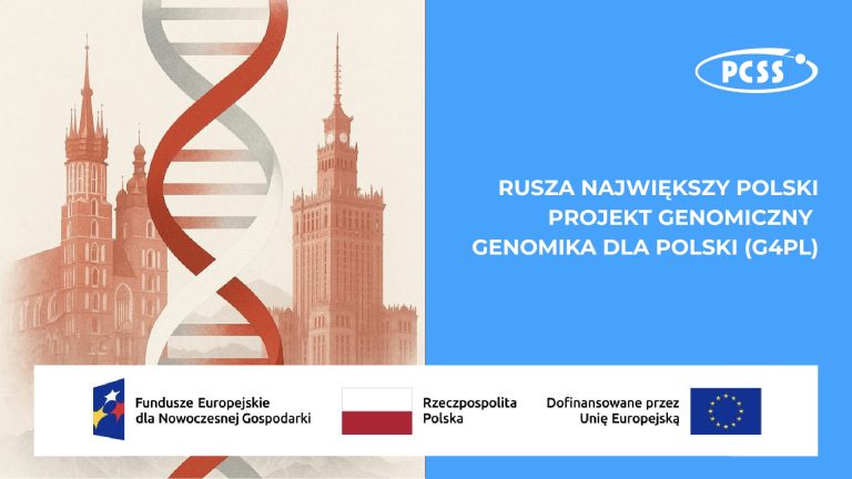 Grafika promocyjna największego polskiego projektu genomicznego „Genomika dla Polski (G4PL)”, realizowanego przez PCSS i partnerów z dofinansowaniem z Funduszy Europejskich dla Nowoczesnej Gospodarki oraz Rzeczpospolitej Polskiej – Polski Unia Europejska. Pokazuje podwójną helisę DNA na tle Zamku Cesarskiego w Poznaniu, z logo PCSS i napisami „Rusza największy polski projekt genomiczny