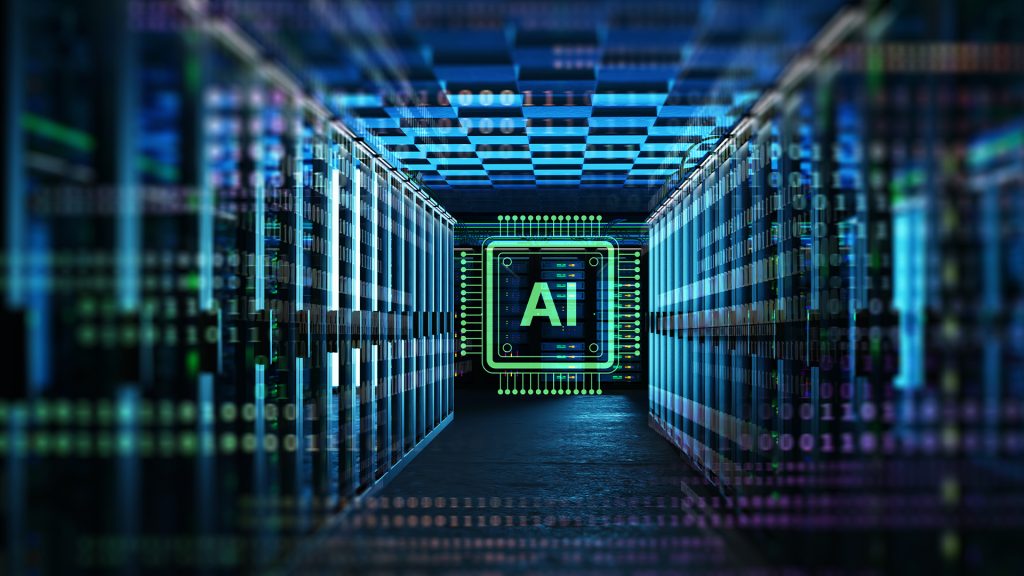 Futurystyczne wnętrze serwerowni z rzędami szaf rackowych, skąpane w neonowym, niebieskim świetle z nakładką cyfrowego kodu binarnego. W centrum perspektywy znajduje się świecąca, zielona ikona procesora z wyraźnym napisem „AI”. Całość kompozycji podkreśla nowoczesny charakter technologii sztucznej inteligencji i przetwarzania danych w chmurze.