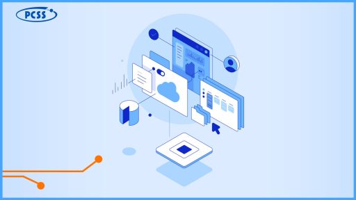 Izometryczna ilustracja w odcieniach błękitu przedstawia cyfrowy ekosystem składający się z interfejsów użytkownika, ikon chmury, folderów oraz wykresów. Poszczególne elementy są ze sobą połączone liniami, co symbolizuje przepływ danych i integrację nowoczesnych technologii IT. Całość kompozycji unosi się nad procesorem, podkreślając techniczny charakter prezentowanych rozwiązań.