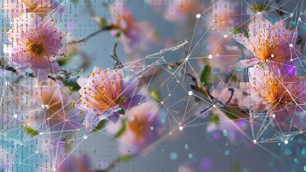 Artystyczna grafika przedstawia kwitnące gałązki różowych kwiatów, na które nałożono geometryczną sieć białych linii i punktów. Tło wypełniają subtelne kaskady kodu binarnego oraz cyfrowe artefakty, tworząc futurystyczną wizję „cyfrowej wiosny”. Całość utrzymana jest w jasnej, pastelowej kolorystyce z rozmytym, głębokim tłem.