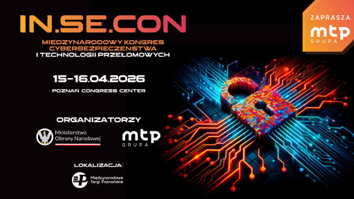 Grafika promująca Międzynarodowy Kongres Cyberbezpieczeństwa i Technologii Przełomowych IN.SE.CON, który odbędzie się 15–16 kwietnia 2026 roku w Poznań Congress Center. Na ciemnym tle widnieje futurystyczna ilustracja kłódki zbudowanej z kolorowych układów scalonych, od której rozchodzą się świecące linie przypominające połączenia sieciowe. Plakat zawiera logotypy organizatorów: Ministerstwa Obrony Narodowej oraz Grupy MTP, a także informację o lokalizacji na terenie Międzynarodowych Targów Poznańskich.