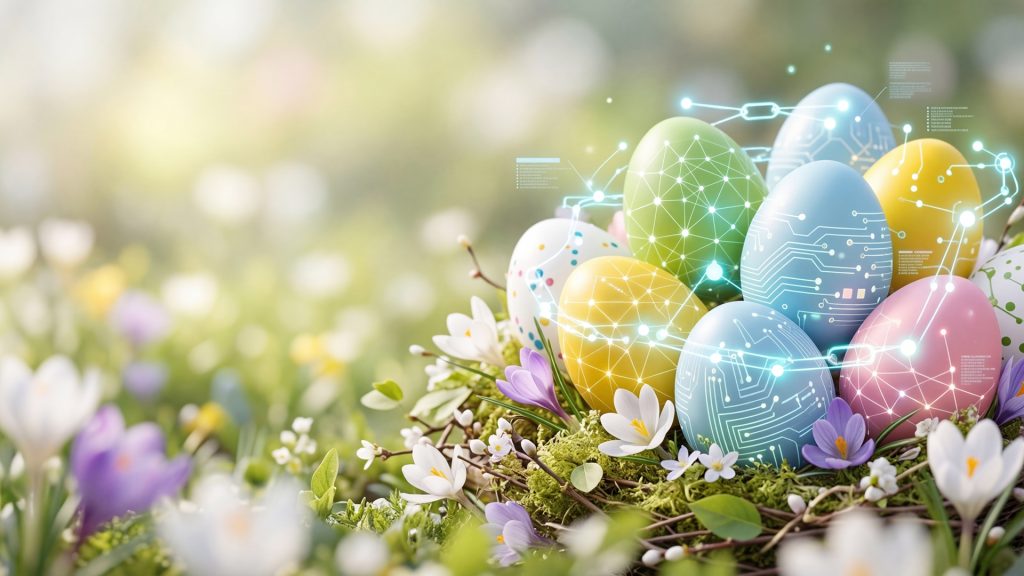 Kolorowe pisanki ozdobione cyfrowymi wzorami i świecącymi neonowymi liniami spoczywają w gnieździe pośród wiosennych kwiatów, takich jak krokusy. Grafika łączy tradycyjną symbolikę Wielkanocy z motywem nowoczesnych technologii, sieci i sztucznej inteligencji. Całość utrzymana jest w jasnej, radosnej kolorystyce z rozmytym, słonecznym tłem natury.