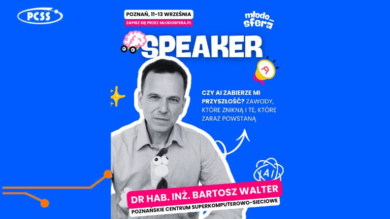 Grafika promocyjna wydarzenia Młodosfera. Na środku na niebieskim tle widnieje zdjęcie prelegenta, dr. hab. inż. Bartosza Waltera z Poznańskiego Centrum Superkomputerowo-Sieciowego. Na grafice znajduje się również temat prelekcji: „Czy AI zabierze mi przyszłość? Zawody, które znikną i te, które zaraz powstaną” oraz informacja o zapisach na stronie mlodosfera.pl.