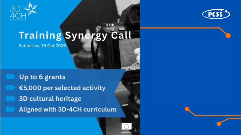Grafika promocyjna naboru „Training Synergy Call” w ramach projektu 3D-4CH, z logo PCSS oraz flagą Unii Europejskiej. Informuje o możliwości uzyskania do 6 grantów po 5000 € każdy na działania związane z cyfrowym dziedzictwem kulturowym 3D. Termin składania wniosków mija 15 października 2026 roku.