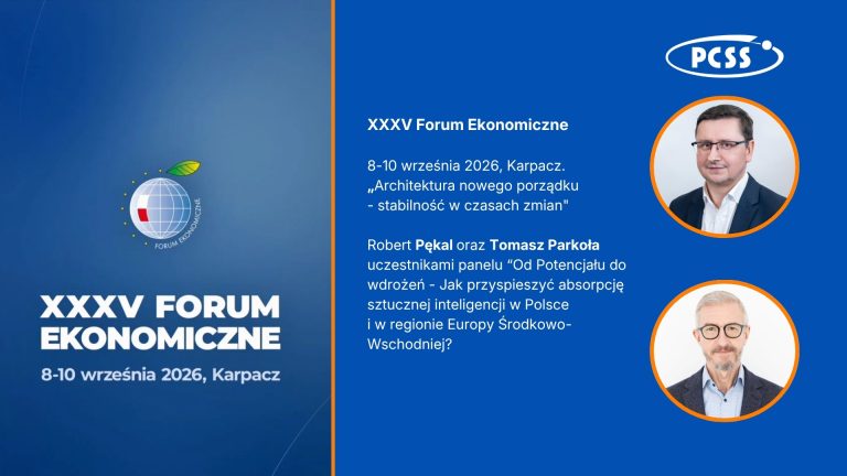 Grafika informacyjna PCSS dotycząca XXXV Forum Ekonomicznego w Karpaczu (8–10 września 2026 r.) pod hasłem „Architektura nowego porządku – stabilność w czasach zmian”. Po prawej stronie znajdują się zdjęcia i nazwiska prelegentów: Roberta Pękala oraz Tomasza Parkoły, uczestników panelu „Od potencjału do wdrożeń – jak przyspieszyć absorpcję sztucznej inteligencji w Polsce i w regionie Europy Środkowo-Wschodniej?”. W rogu umieszczono logo PCSS oraz oficjalne logo Forum Ekonomicznego.