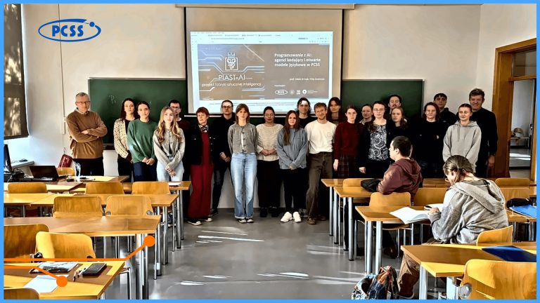 Group of young students standing in front of PIAST-AI presentation at AMU University in Poznań.