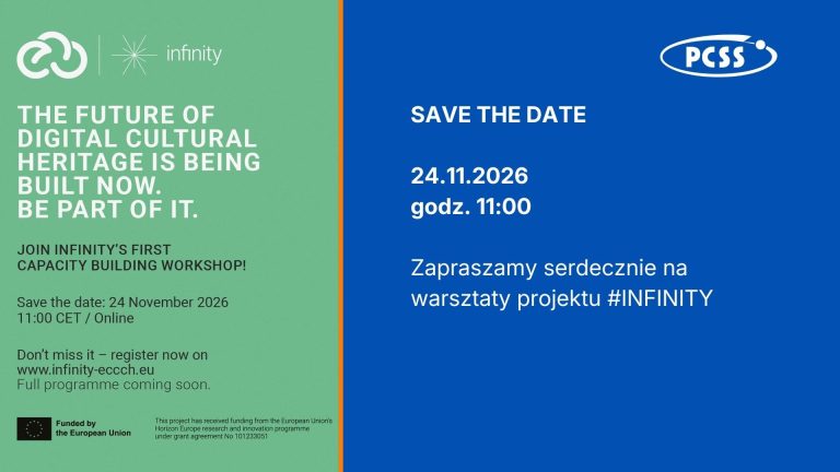 Grafika zapowiadająca warsztaty projektu INFINITY: 24.11.2026 r. o godz. 11:00 online. Logotypy PCSS i Unii Europejskiej.