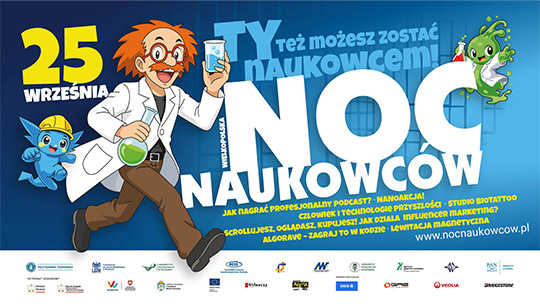 Plakat „Noc Naukowców Wielkopolska” (25.09). Ilustracja naukowca z hasłem „TY też możesz zostać naukowcem!”, lista warsztatów i logotypy organizatorów.