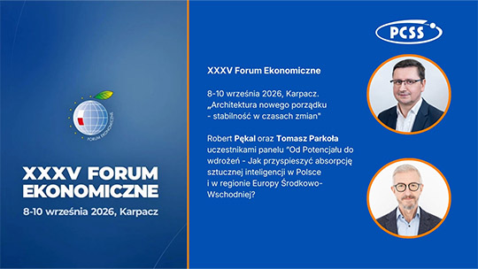 Grafika PCSS z XXXV Forum Ekonomicznego w Karpaczu. Zdjęcia prelegentów: Robert Pękal i Tomasz Parkoła oraz logotypy PCSS i Forum.
